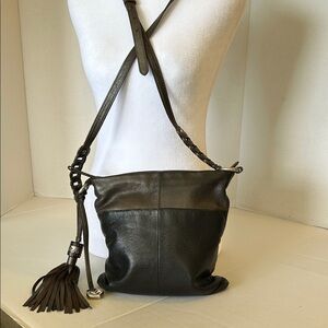 BRIGHTON  BLACK BROWN  LEATHER WITH BRAIDED STRAP & TASSLE DETAIL CROSSBODY BAG